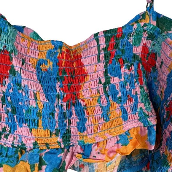 Anthropologie Pintucked Floral Bra Top Square Neck Smock Back Ruffled Blue Large - Picture 7 of 12